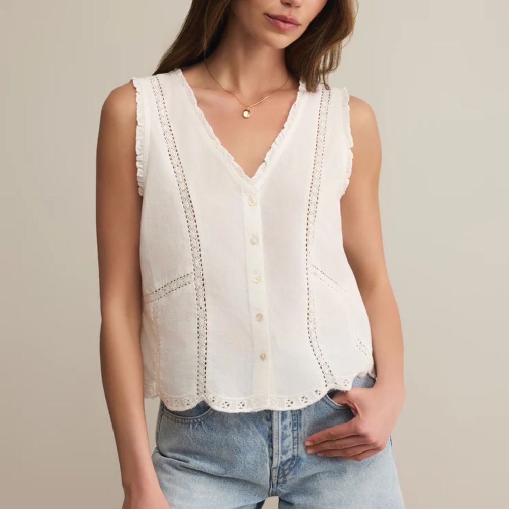 Z Supply White Eyelet Sleeveless Button Front V-Neck Top